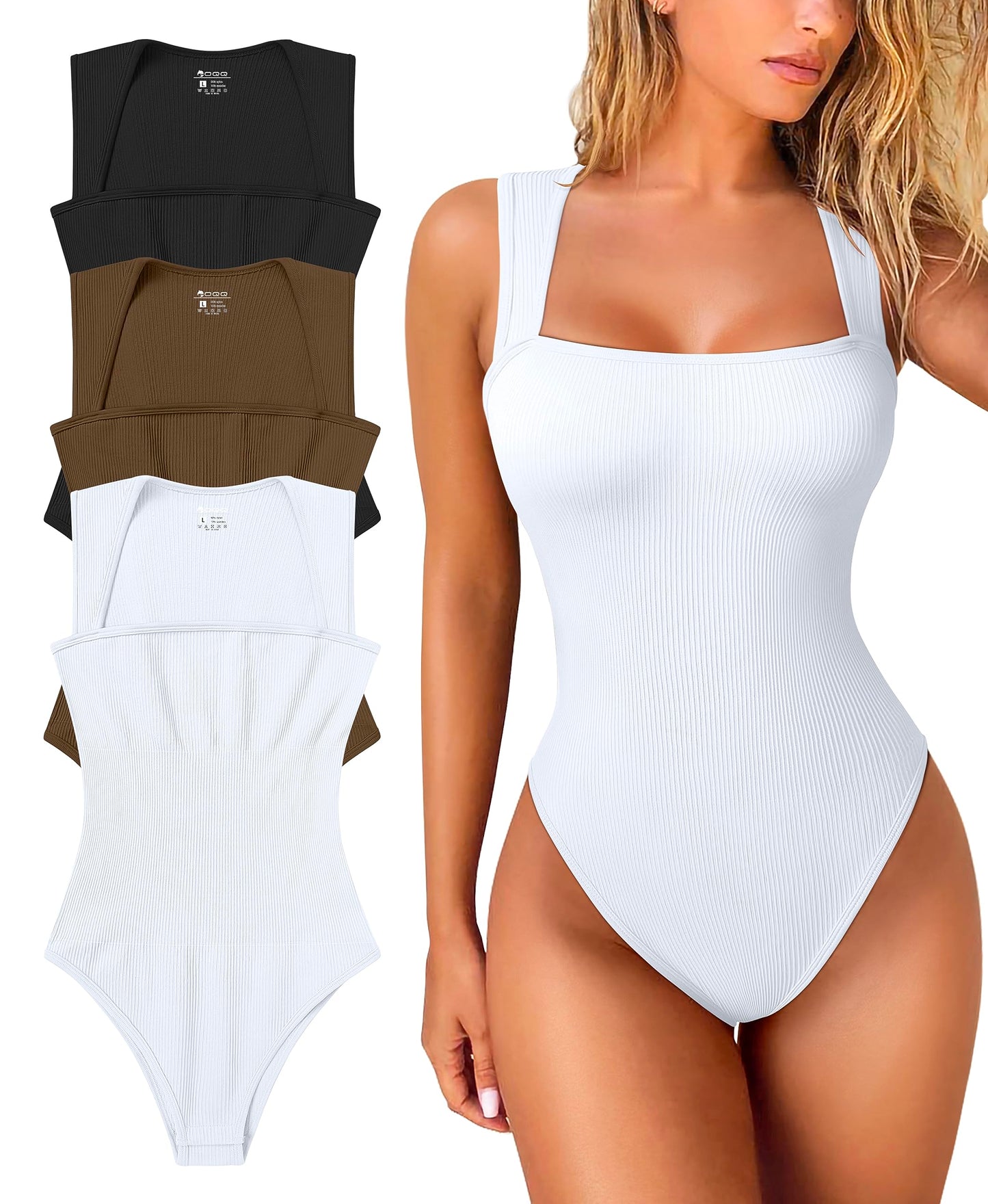 OQQ Women's 3 Piece Bodysuits Sexy Ribbed Strappy Square Neck Sleeveless Tummy Control Tank Tops Bodysuits Black Coffee Beige
