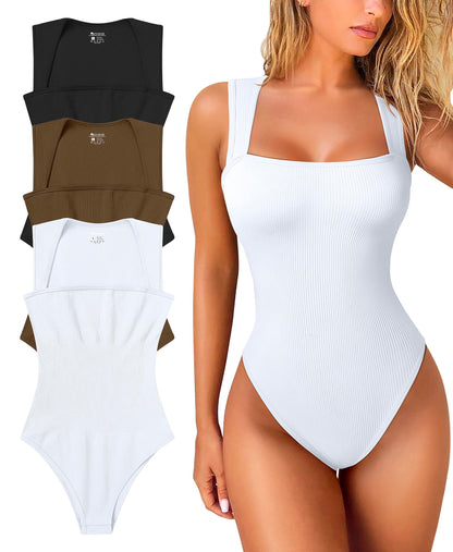 OQQ Women's 3 Piece Bodysuits Sexy Ribbed Strappy Square Neck Sleeveless Tummy Control Tank Tops Bodysuits Black Coffee Beige