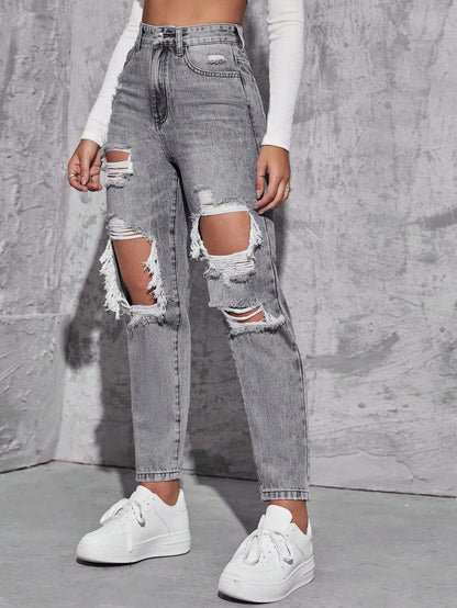 Floerns Women's High Waist Boyfriend Straight Leg Ripped Jeans Distressed Denim Pants Light Blue Large
