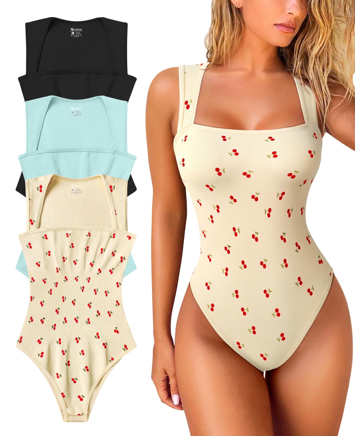 OQQ Women's 3 Piece Bodysuits Sexy Ribbed Strappy Square Neck Sleeveless Tummy Control Tank Tops Bodysuits Black Coffee Beige