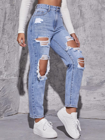 Floerns Women's High Waist Boyfriend Straight Leg Ripped Jeans Distressed Denim Pants Light Blue Large