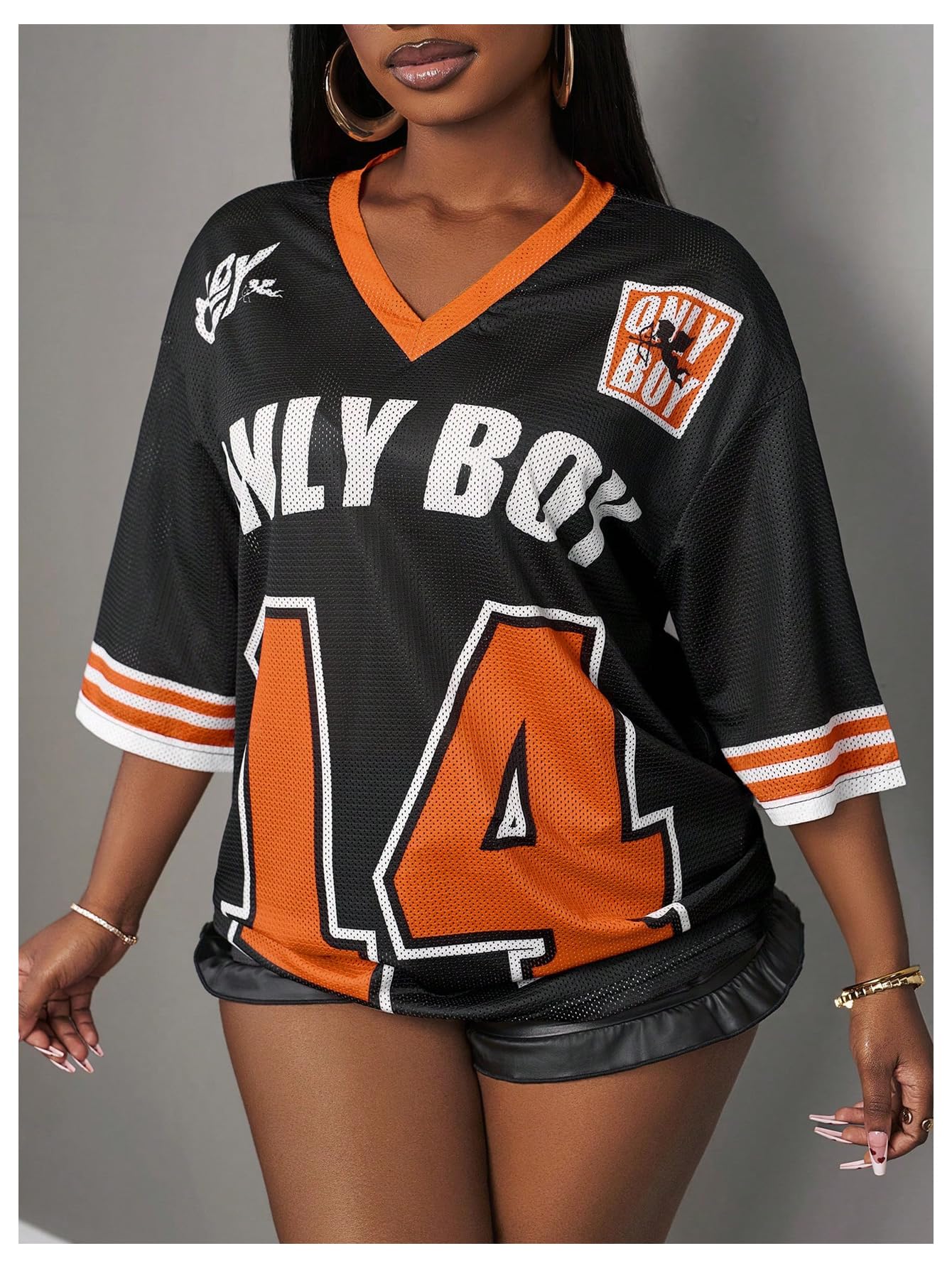 MakeMeChic Women's Jersey Shirts Number Graphic Oversized Y2K Tee Tops White Orange X-Small