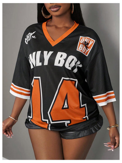 MakeMeChic Women's Jersey Shirts Number Graphic Oversized Y2K Tee Tops White Orange X-Small