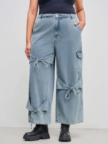 CIDER Baggy Jeans for Women Low Waisted Wide Straight Leg Bow Jeans Denim Pants Beige