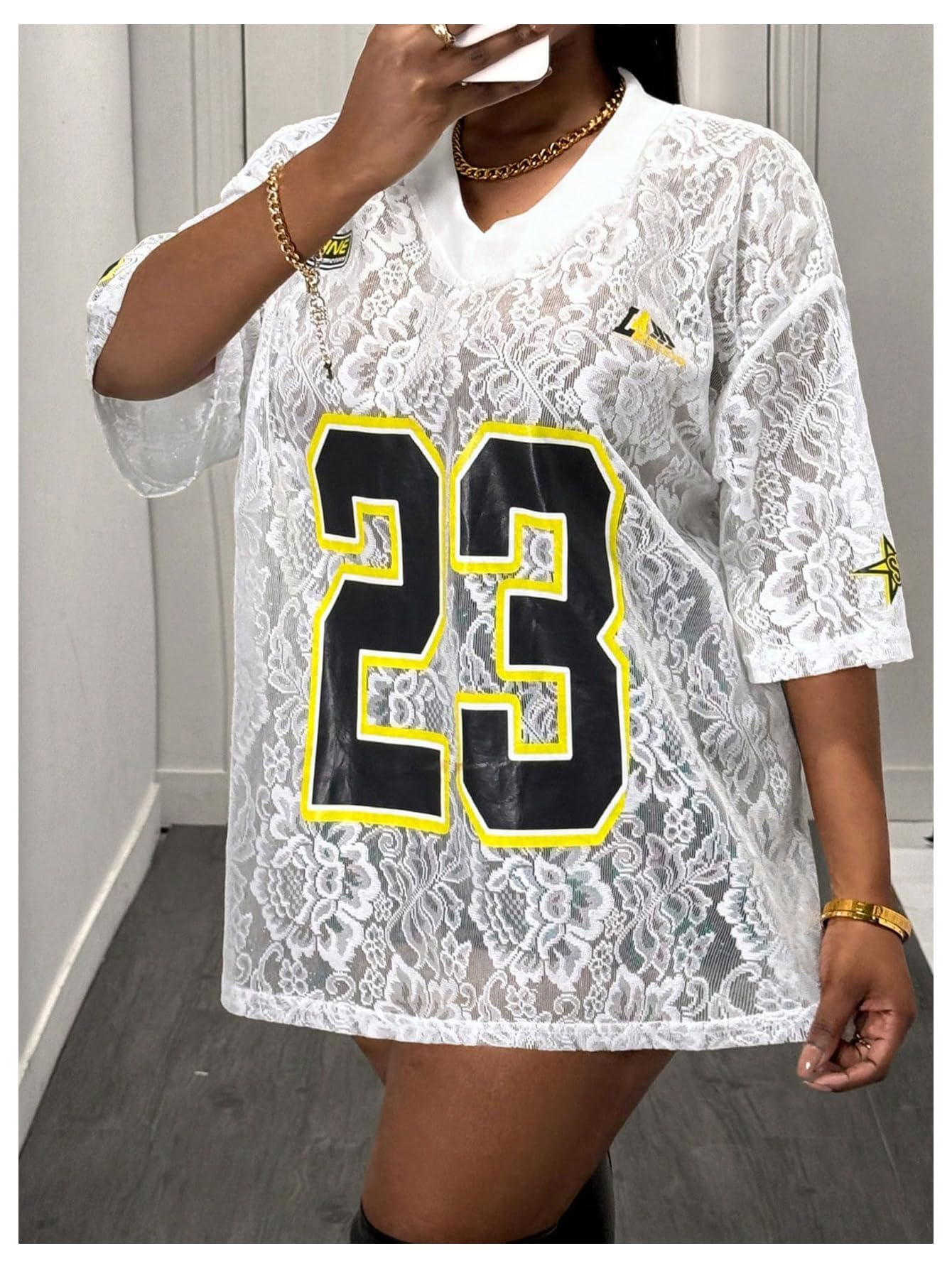 MakeMeChic Women's Jersey Shirts Number Graphic Oversized Y2K Tee Tops White Orange X-Small