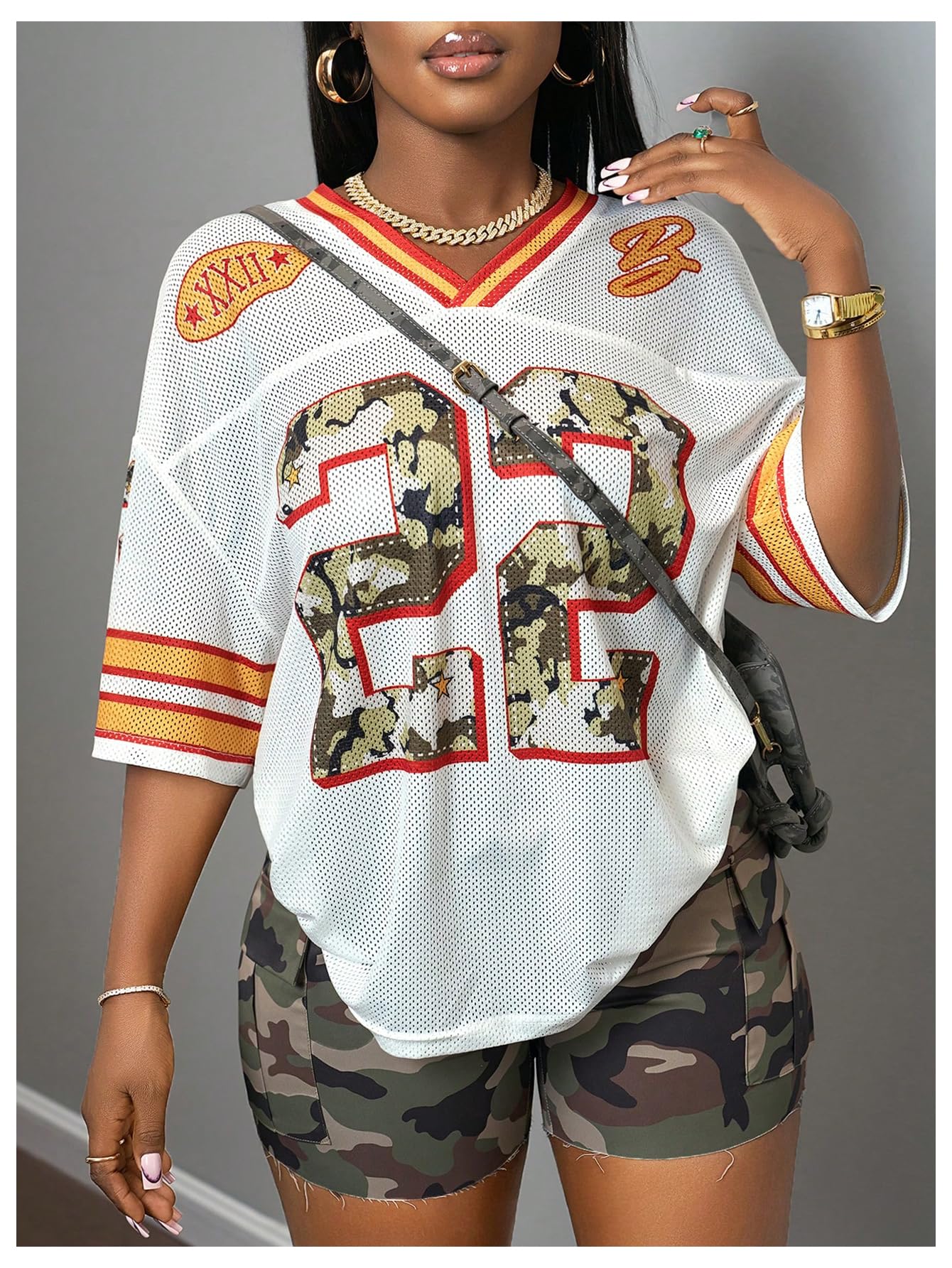 MakeMeChic Women's Jersey Shirts Number Graphic Oversized Y2K Tee Tops White Orange X-Small
