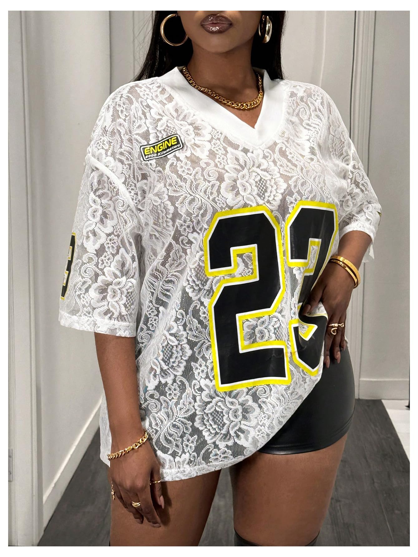 MakeMeChic Women's Jersey Shirts Number Graphic Oversized Y2K Tee Tops White Orange X-Small