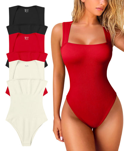 OQQ Women's 3 Piece Bodysuits Sexy Ribbed Strappy Square Neck Sleeveless Tummy Control Tank Tops Bodysuits Black Coffee Beige