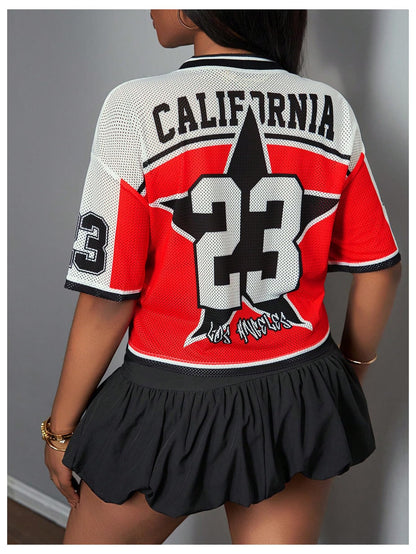 MakeMeChic Women's Jersey Shirts Number Graphic Oversized Y2K Tee Tops White Orange X-Small
