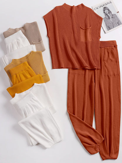 ANRABESS Women's Two Piece Outfits Knit Sweater Vest Crop Top Pants Lounge Matching Tracksuit Sweatsuit Travel Clothes Sets Pink X-Small