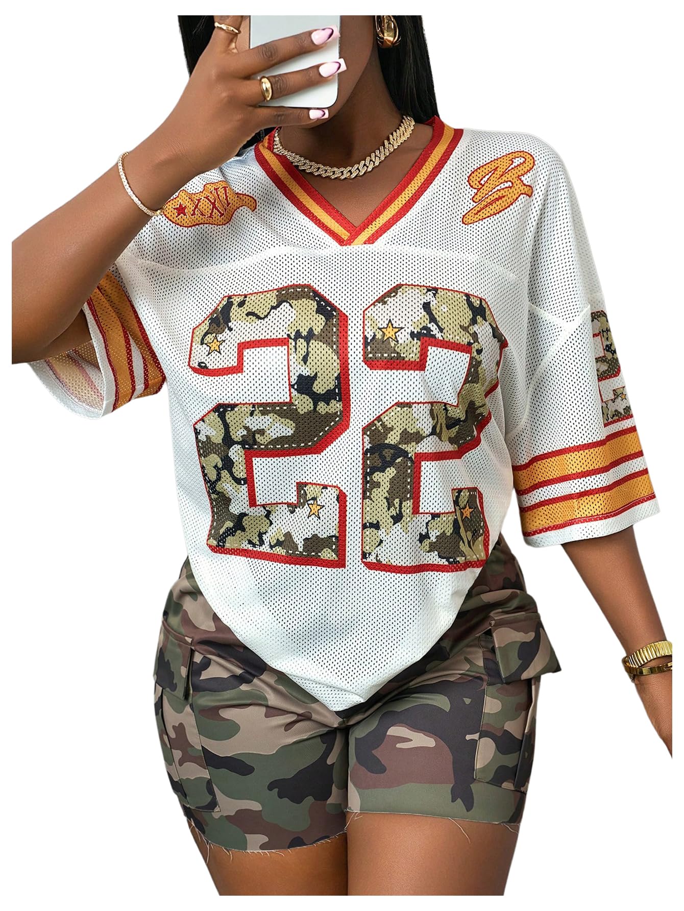 MakeMeChic Women's Jersey Shirts Number Graphic Oversized Y2K Tee Tops White Orange X-Small