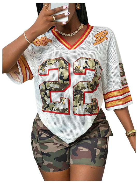 MakeMeChic Women's Jersey Shirts Number Graphic Oversized Y2K Tee Tops White Orange X-Small