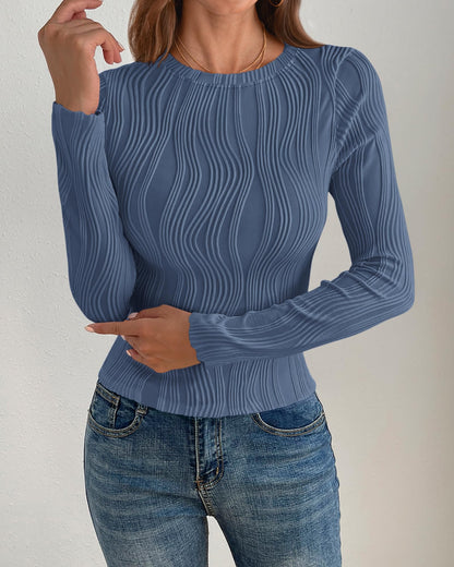 PRETTYGARDEN Women's Tops 2025 Spring Fashion Long Sleeve Crewneck Blouses Slim Fit Shirts Textured Knit Basic T Shirts(Khaki,Large)