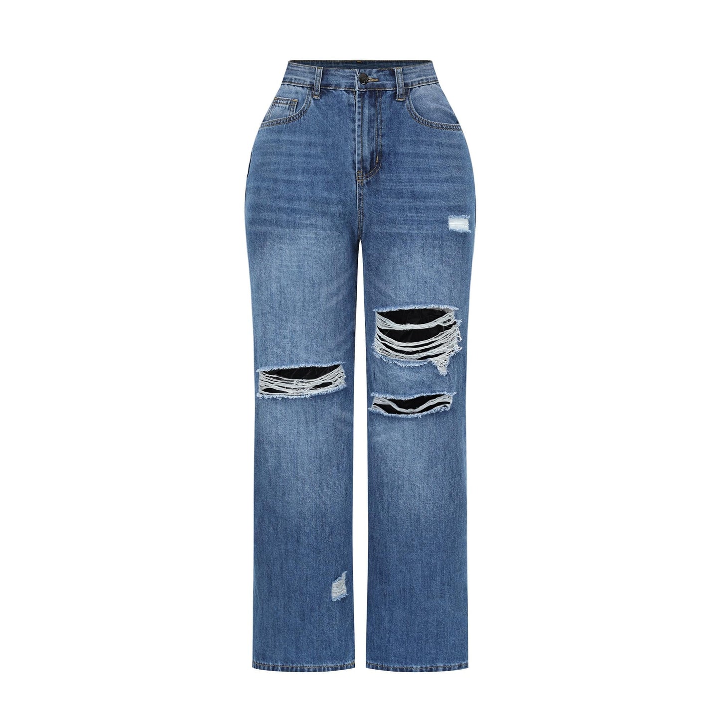 THUNDER STAR Womens High Waisted Wide Leg Jeans Stretchy Distressed Denim Pants Light Blue XXL