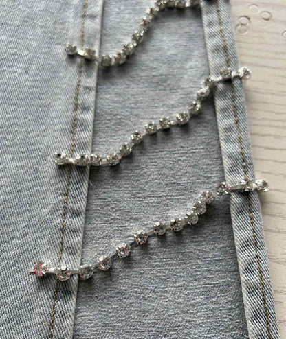xxxiticat Women's Covered In Diamond Lace Up Jeans High Rise Wide Leg Rhinestone Bandage Fringe Hem Split Denim Trouser(BE,S)