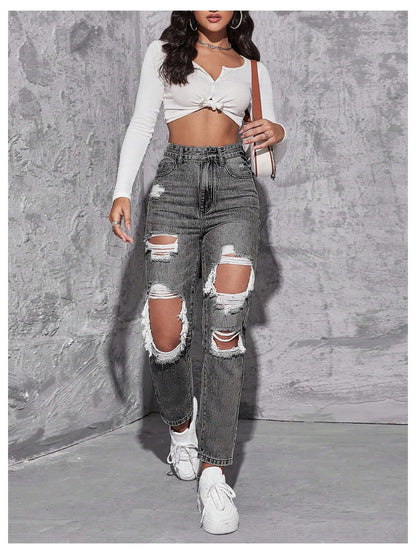 Floerns Women's High Waist Boyfriend Straight Leg Ripped Jeans Distressed Denim Pants Light Blue Large