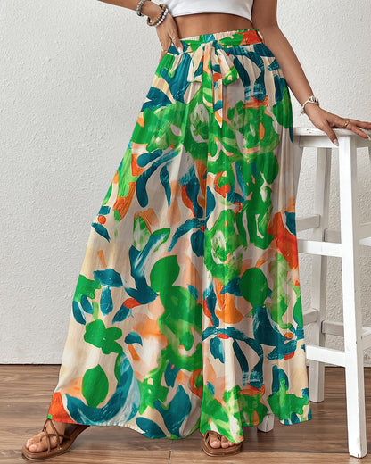 Bsubseach Wide Leg Pants Woman Flowy Floral Palazzo Pants for Women High Waisted Summer Casual Trousers Cruise Outfits Dark Green XS