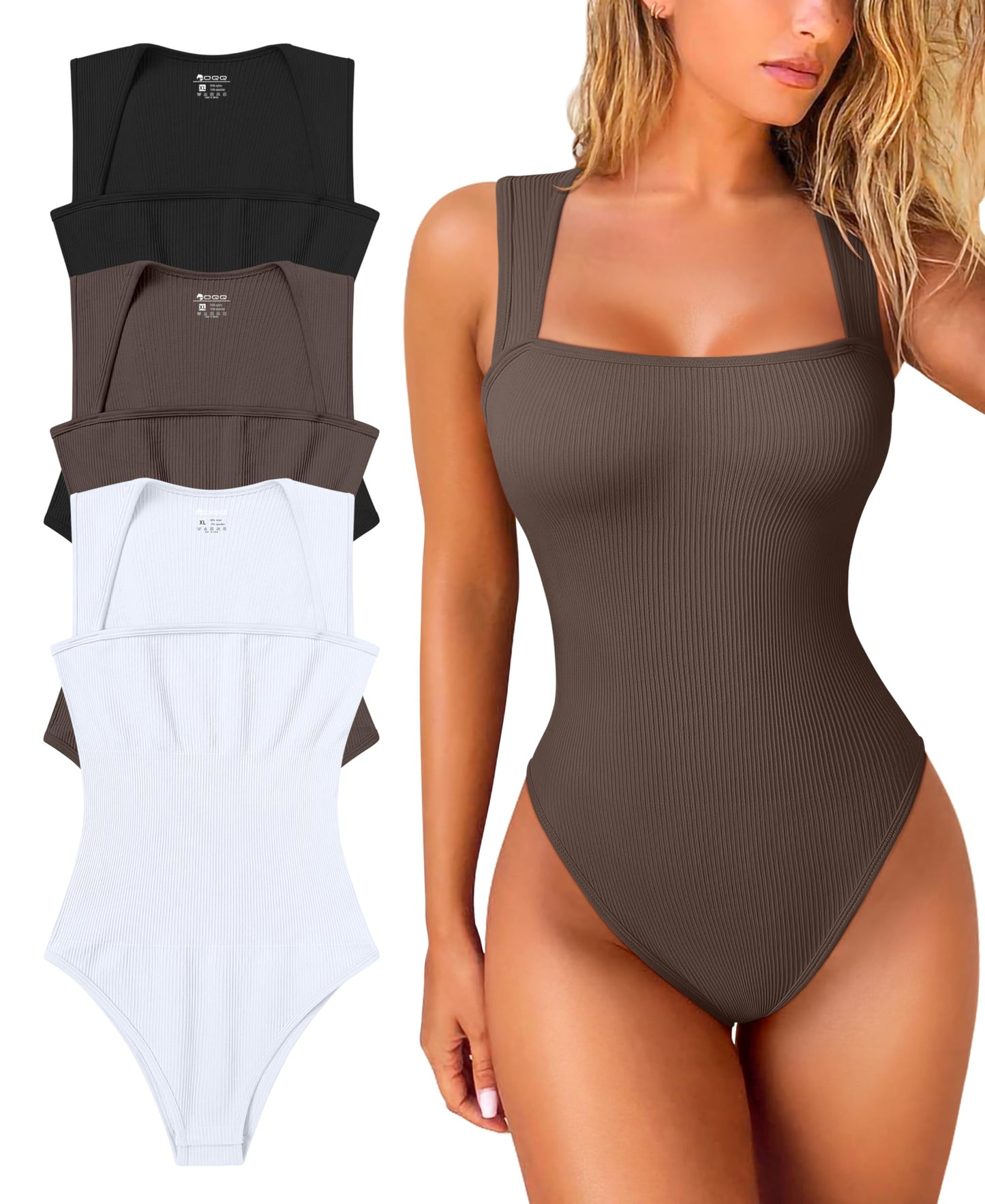 OQQ Women's 3 Piece Bodysuits Sexy Ribbed Strappy Square Neck Sleeveless Tummy Control Tank Tops Bodysuits Black Coffee Beige