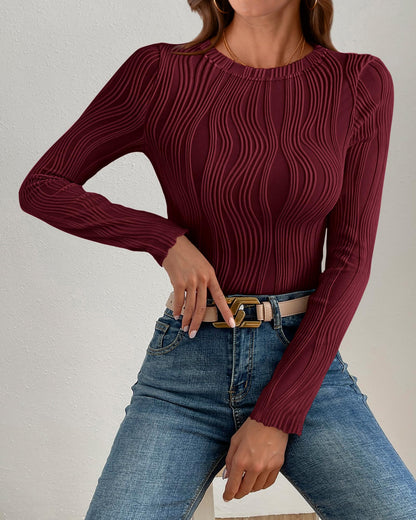 PRETTYGARDEN Women's Tops 2025 Spring Fashion Long Sleeve Crewneck Blouses Slim Fit Shirts Textured Knit Basic T Shirts(Khaki,Large)