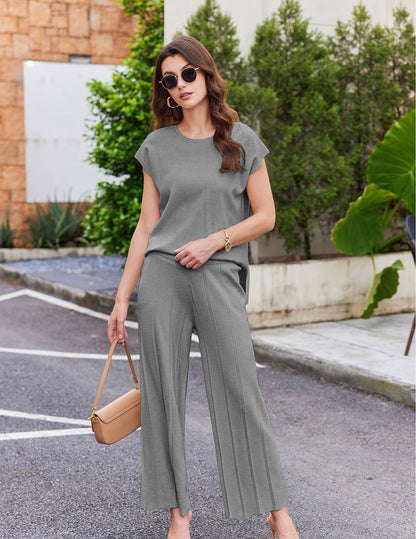 Ekouaer Lounge Sets for Women Two Piece Outfits Knit Cap Sleeve Tops Wide Leg Pleated Pants Casual Dressy Sweater Sets Beige