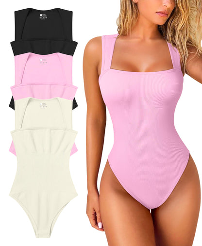 OQQ Women's 3 Piece Bodysuits Sexy Ribbed Strappy Square Neck Sleeveless Tummy Control Tank Tops Bodysuits Black Coffee Beige