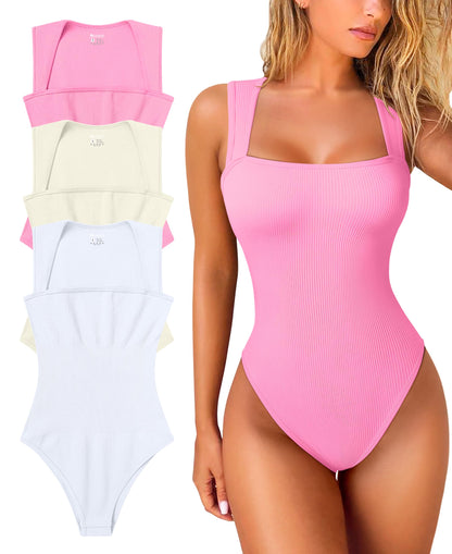 OQQ Women's 3 Piece Bodysuits Sexy Ribbed Strappy Square Neck Sleeveless Tummy Control Tank Tops Bodysuits Black Coffee Beige