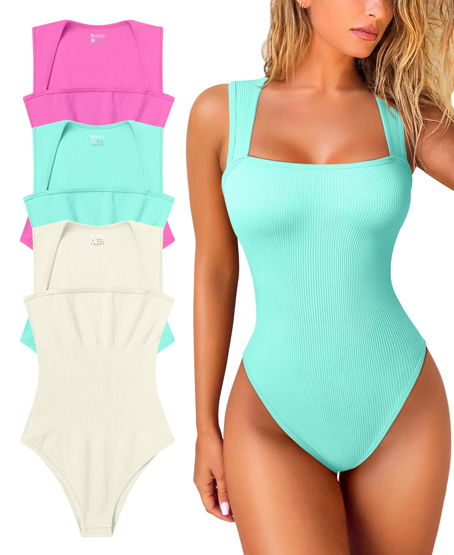 OQQ Women's 3 Piece Bodysuits Sexy Ribbed Strappy Square Neck Sleeveless Tummy Control Tank Tops Bodysuits Black Coffee Beige