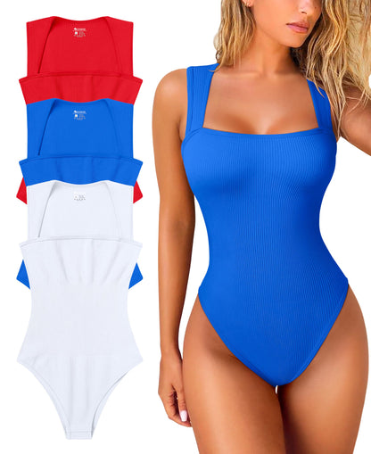 OQQ Women's 3 Piece Bodysuits Sexy Ribbed Strappy Square Neck Sleeveless Tummy Control Tank Tops Bodysuits Black Coffee Beige