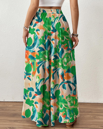 Bsubseach Wide Leg Pants Woman Flowy Floral Palazzo Pants for Women High Waisted Summer Casual Trousers Cruise Outfits Dark Green XS