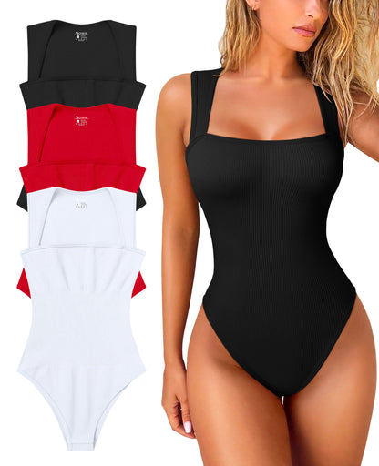 OQQ Women's 3 Piece Bodysuits Sexy Ribbed Strappy Square Neck Sleeveless Tummy Control Tank Tops Bodysuits Black Coffee Beige