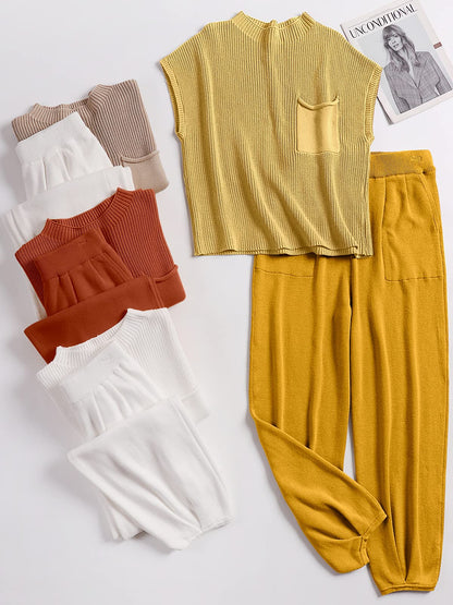 ANRABESS Women's Two Piece Outfits Knit Sweater Vest Crop Top Pants Lounge Matching Tracksuit Sweatsuit Travel Clothes Sets Pink X-Small