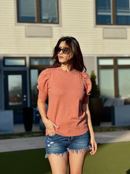 Women's Puff Short Sleeve Sweater Tops 2025 Spring Summer Trendy Crew Neck Casual T Shirts Blouses Beige