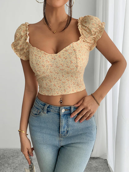 EWFKJ Smocked Crop Top for Women's Slim Fit Floral Peasant Blouse (US, Alpha, Small, Regular, Regular, Yellow)