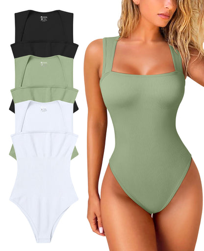 OQQ Women's 3 Piece Bodysuits Sexy Ribbed Strappy Square Neck Sleeveless Tummy Control Tank Tops Bodysuits Black Coffee Beige