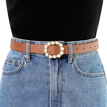 Allegra K Womens Pearl Waistband Skinny Leather Adjustable Pin Buckle Belt for Jeans Dresses Pants 75-90cm/29.53"-35.43" Black