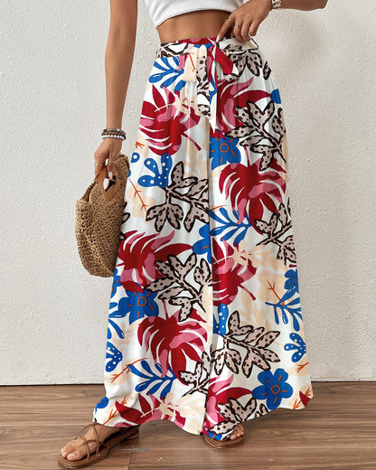 Bsubseach Wide Leg Pants Woman Flowy Floral Palazzo Pants for Women High Waisted Summer Casual Trousers Cruise Outfits Dark Green XS