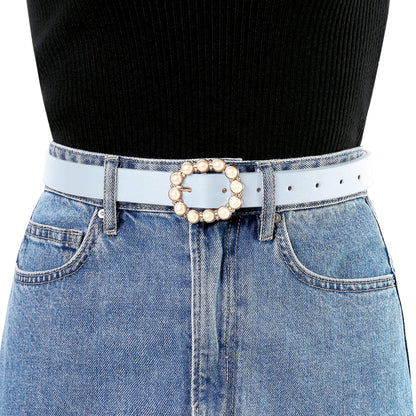 Allegra K Womens Pearl Waistband Skinny Leather Adjustable Pin Buckle Belt for Jeans Dresses Pants 75-90cm/29.53"-35.43" Black