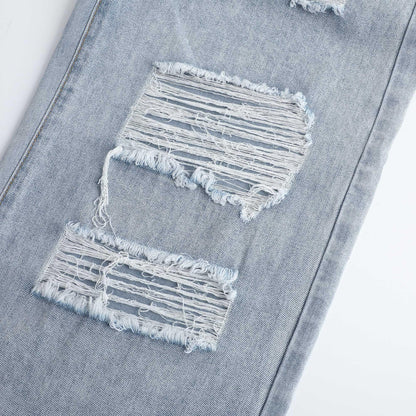 THUNDER STAR Womens High Waisted Wide Leg Jeans Stretchy Distressed Denim Pants Light Blue XXL
