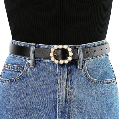 Allegra K Womens Pearl Waistband Skinny Leather Adjustable Pin Buckle Belt for Jeans Dresses Pants 75-90cm/29.53"-35.43" Black