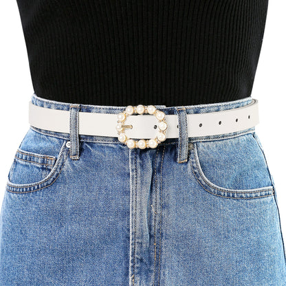Allegra K Womens Pearl Waistband Skinny Leather Adjustable Pin Buckle Belt for Jeans Dresses Pants 75-90cm/29.53"-35.43" Black