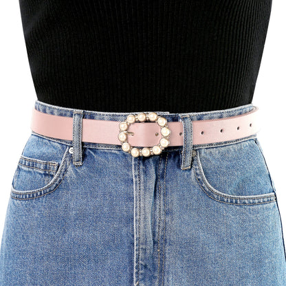 Allegra K Womens Pearl Waistband Skinny Leather Adjustable Pin Buckle Belt for Jeans Dresses Pants 75-90cm/29.53"-35.43" Black
